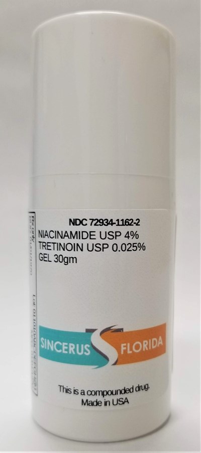 Ndc 72934-1162-2 Niacinamide 4 / Tretinoin 0.025 Cream 30gm Sincerus Florida This Is A Compound Drug Made In Usa (1162 2 Front)